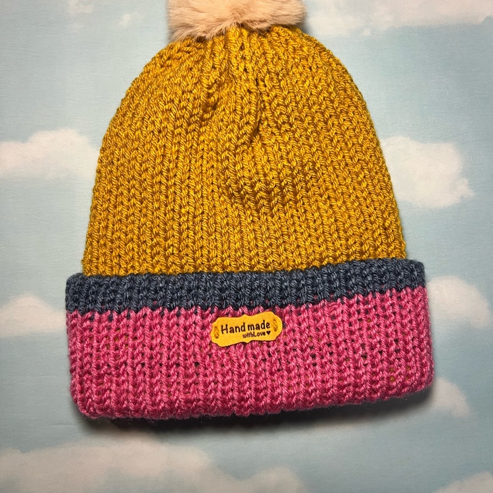 Handmade Knit Pom Beanie - Mustard, Pink & Blue